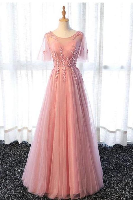 Pink Round Neck Lace Long Prom Dresses,pink Evening Dresses