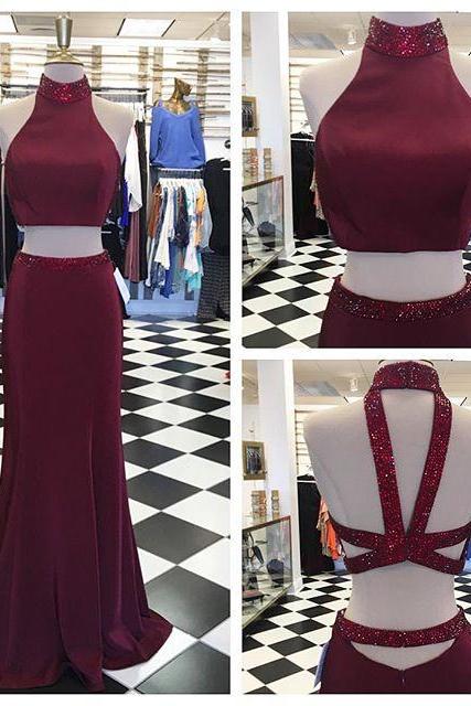 2018 Dark Burgundy Two Piece Prom Dress, Sexy Mermaid Prom Dresses, Long Evening Dress With Beads