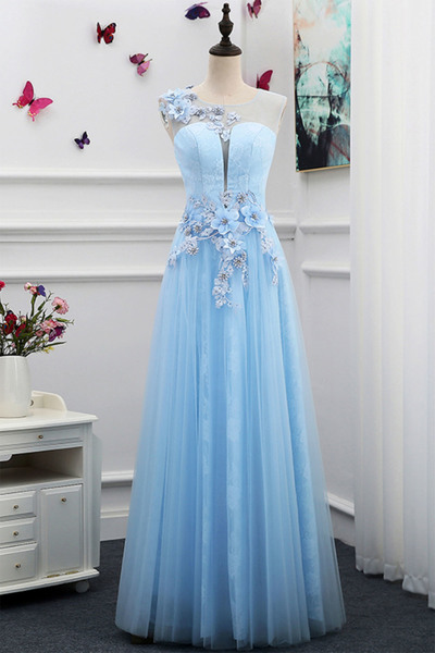 Blue Tulle Prom Dress, Floor Length Long Evening Dress with Handmade Flower, Elegant Homecoming Dress