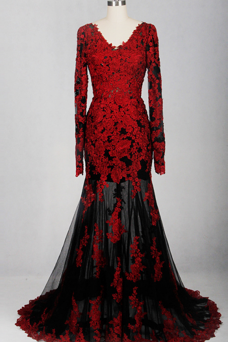 Charming Appliques Black And Red Lace Mermaid Evening Dress, Long Sleeve Evening Dress, Formal Prom Dress