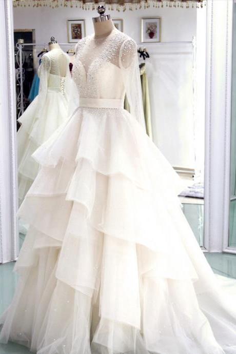 Charming White Wedding Dress, Tulle Long Sleeve Beading Wedding Dresses, Elegant Bridal Dresses