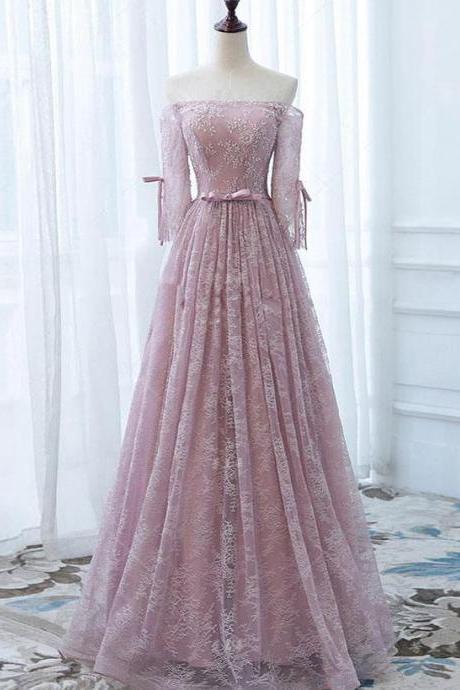 A-line Off-the-shoulder Tulle Pink Lace Prom Dress Evening Drsess