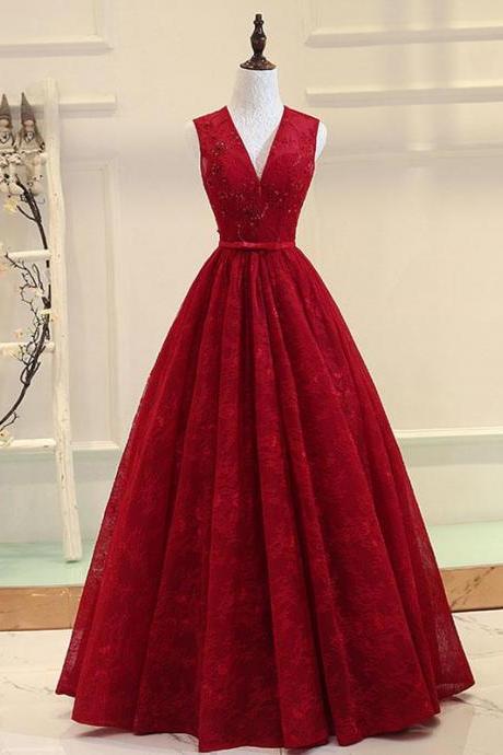 Burgundy v neck lace long prom dress, burgundy evening dress