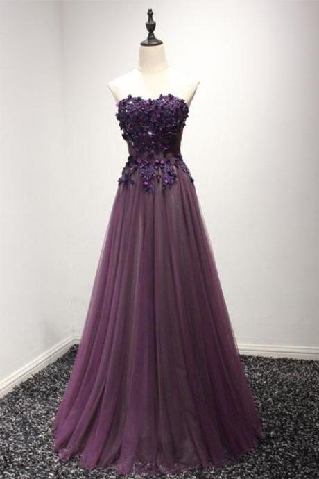 Purple Sweetheart Neck Lace Long Prom Dress, Formal Dress