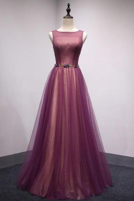 Simple Round Neck Tulle Long Prom Dresses, Formal Dresses