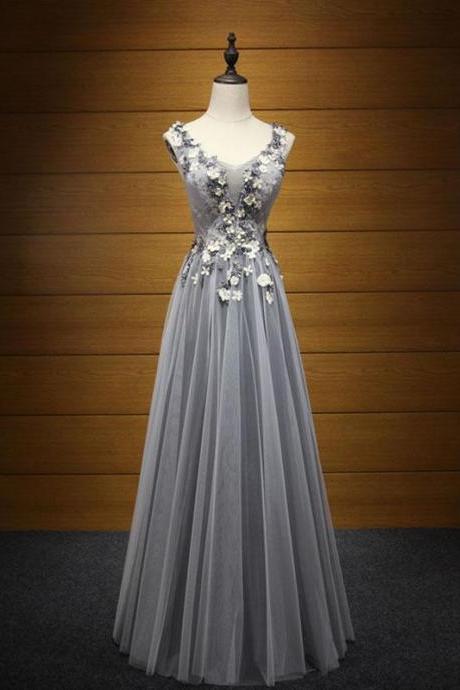 Elegant Gray V Neck Tulle Long Prom Dress, Evening Dresses