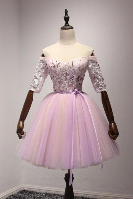 Pink tulle lace short A line prom dress, homecoming dress