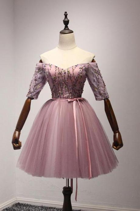 Cute Pink Tulle Lace Short Prom Dress, Homecoming Dress