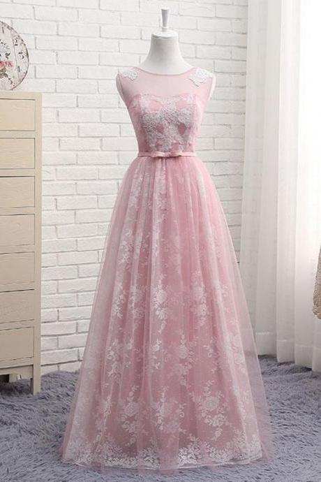 A Line Round Neck Lace Tulle Long Prom Dress, Lace Evening Dress