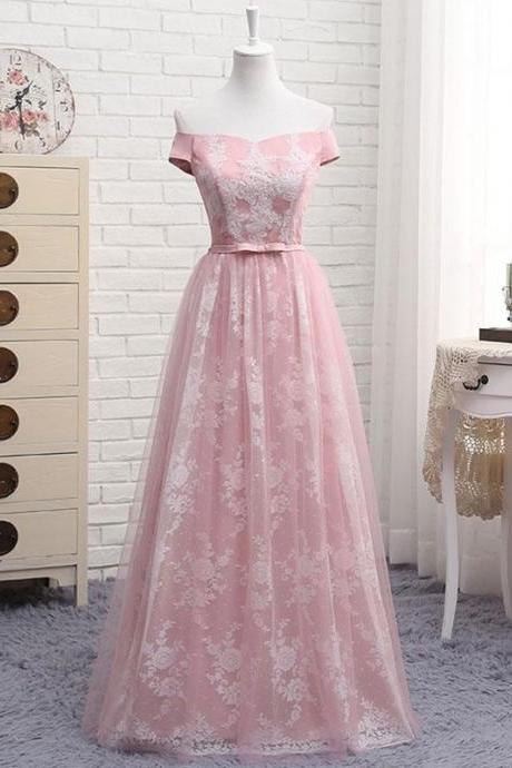 A Line Off Shoulder Lace Tulle Long Prom Dress, Lace Evening Dress