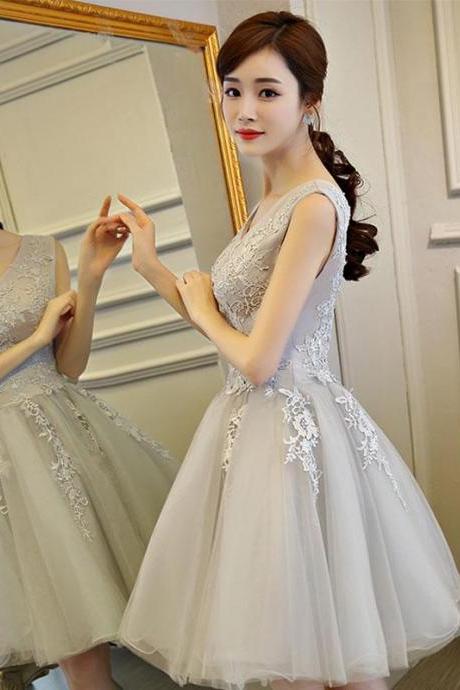 Gray V Neck Lace Tulle Short Prom Dress, Homecoming Dress