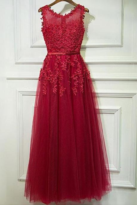 Burgundy Lace Tulle Long A Line Prom Dress, Burgundy Evening Dress