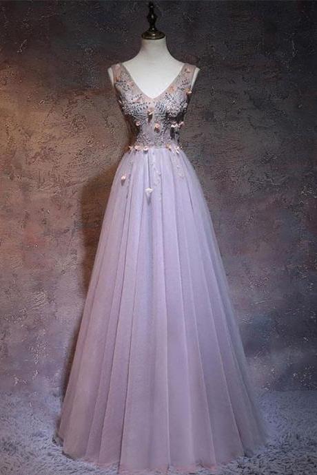 Simple v neck beads tulle long prom dress, evening dress