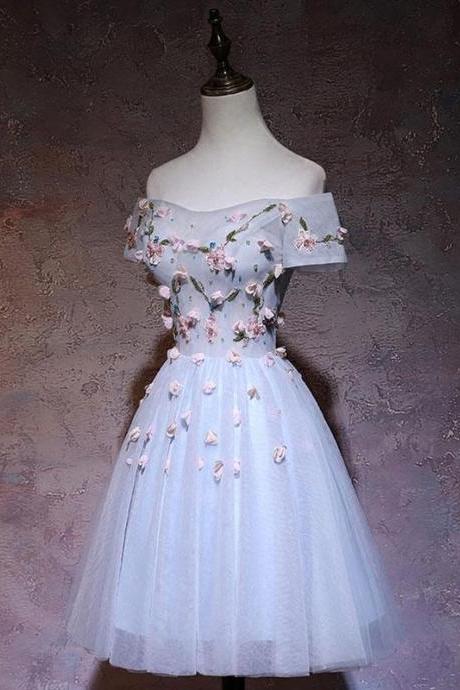 Cute Gray Blue Tulle Short Prom Dress, Gray Homecoming Dress