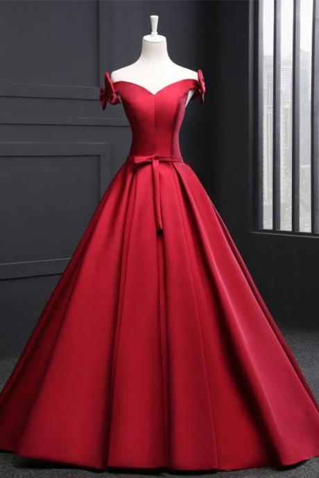 High Quality Burgundy V Neck Satin Long Prom Gown, Burgundy Formal Dress