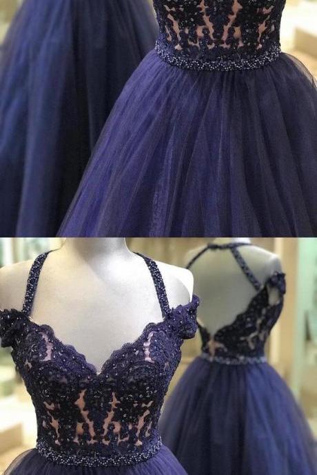 A-line Halter Backless Navy Blue Prom Dress With Lace Beading