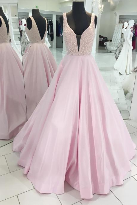 Decent A-line Deep V-neck Sleeveless Open Back Pink Satin Long Prom/evening Dress With Beading