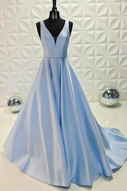 Simple Prom Dresses, Prom Gown,vintage Prom Gowns,light Blue V Neck Long Prom Dress, Blue Evening Dress