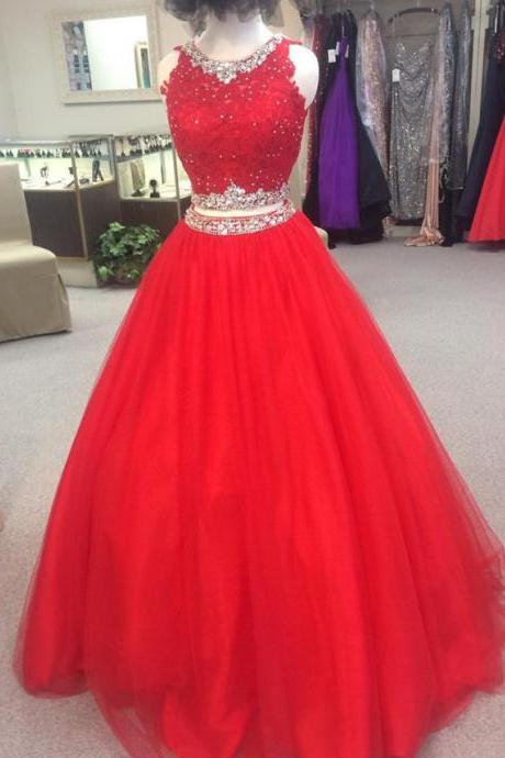 Charming Beaded Red Prom Dress, Long Prom Dresses, Sexy Red Tulle Evening Dress