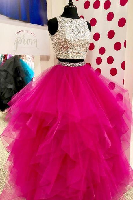 Sparkling Beaded Two Piece Quinceanera Dresses,layered Pleated Organza 2018 Prom Dresses,floor Length Prom Dresses