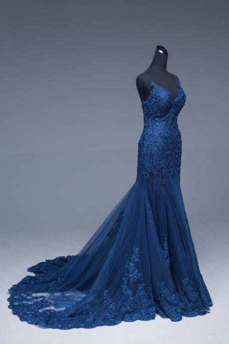 Spaghetti Straps Mermaid Evening Dresses,navy Blue Lace Appliqued Formal Dresses,court Train Evening Party Dresses