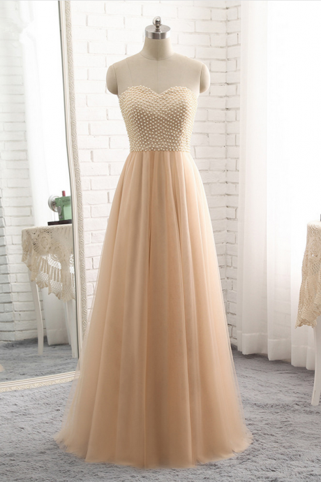 Champagne Strapless Sweetheart Pearl Beaded Tulle Floor-length Prom Dress, Evening Dress, Bridesmaid Dress