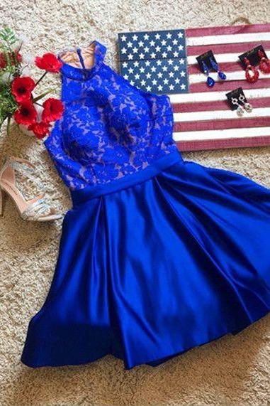 Halter Neckline Royal Blue Homecoming Dress,short Lace Party Dress