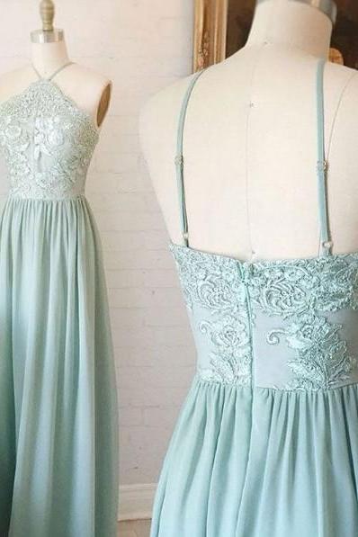 Spaghetti Straps Lace Bridesmaid Dress,Vintage Blue Green Bridesmaid Gown,Lace Wedding Party Dress