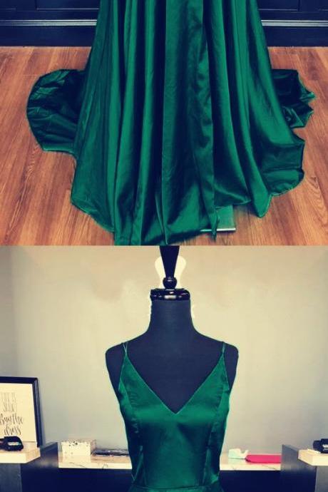 Sexy Spaghetti Straps V-neck Long Satin Prom Dresses 2018 Emerald Green Formal Evening Gowns