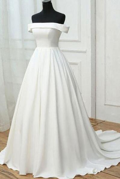 Simple White Wedding Dress,satin Off Shoulder Wedding Dress, Wedding Dresses