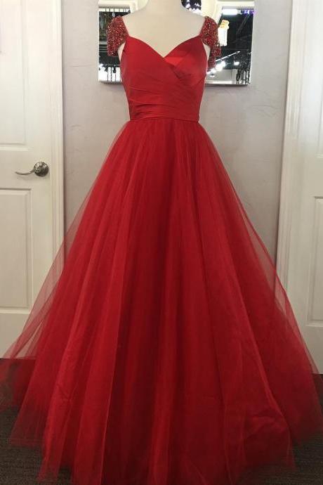 Red Tulle A-line Prom Dresses Cap Sleeves Beaded Evening Dresses Sexy Formal Gowns Party Dresses Plus Size
