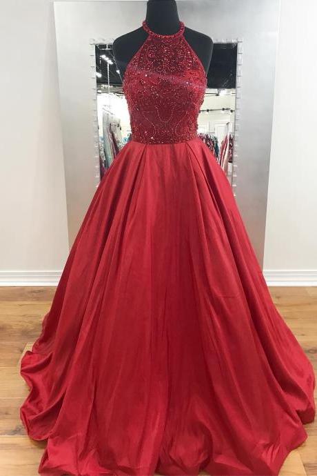 A-line Red Taffeta Prom Dresses Long Backless Beaded Party Dresses Halter Evening Dresses Formal Gowns