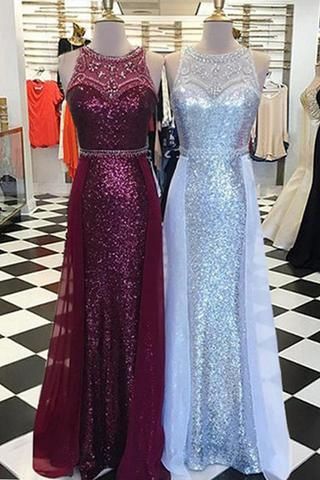 Luxurious, Long ,scoop Neck ,customize ,sequins And Beaded Evening Dress ,with Tulle Skirt, Formal Evening Gowns