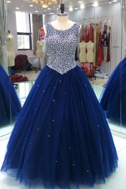 Royal Blue Sheer Neck, Quinceanera Dress ,with Keyhole, Back Pearls ,beaded Sequins, Formal Gowns ,floor-length Prom Dresses