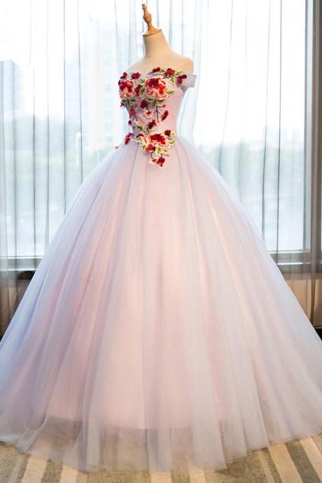 Princess Strapless Off Shoulder Flower Long Tulle Prom Gown, Formal Evening Dress