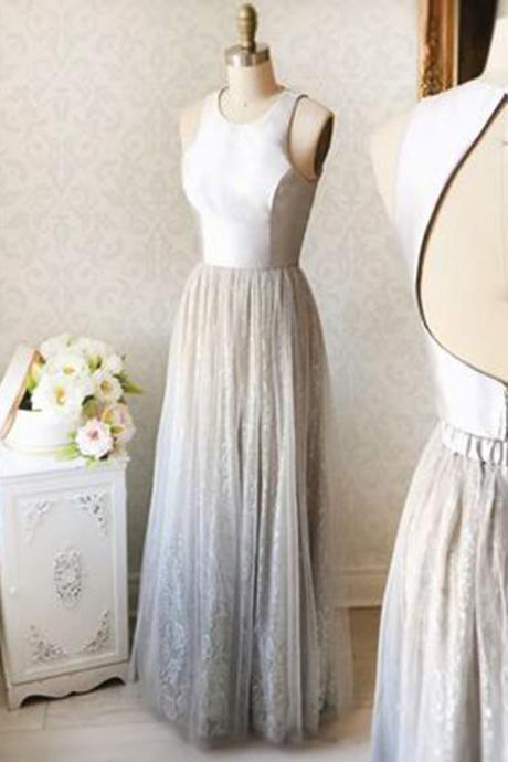 Simple Gray Lace Long Halter Sweet 16 Prom Dress, Gray Lace Evening Dress