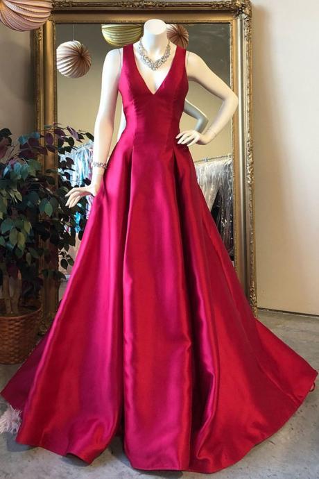 Unique Red Satin V Neck Long Open Back Evening Dress, Long Spring Prom Dress