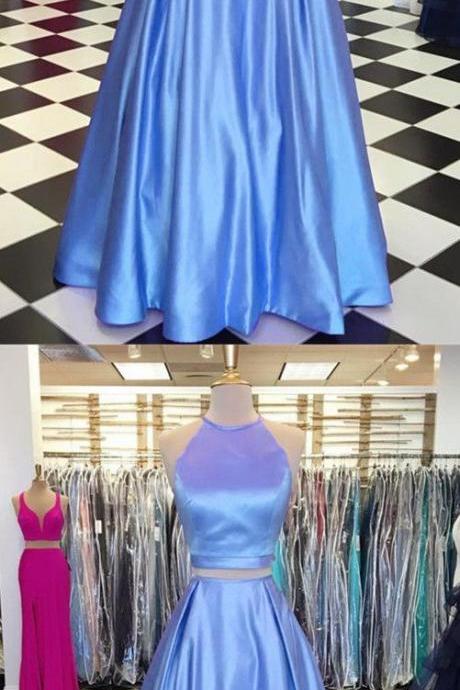 Light Blue Satin Two Piece Prom Dresses With Pocket