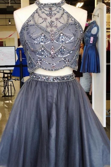 Charming Gray Beaded Two Piece Homecoming Dresses Jewel Neck Crystal Tulle Short Prom Dresses Royal Blue Red Party Dresses Backless