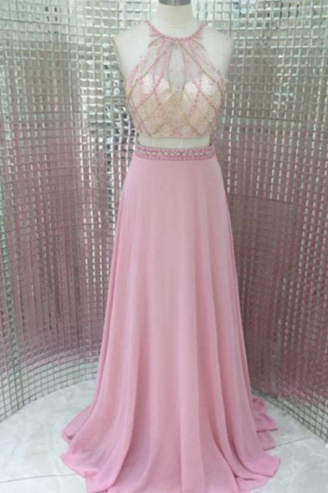 O-neck Pink Two A-line Ball Gowns, Long Ball Gowns, Ball Gowns, Evening Dresses