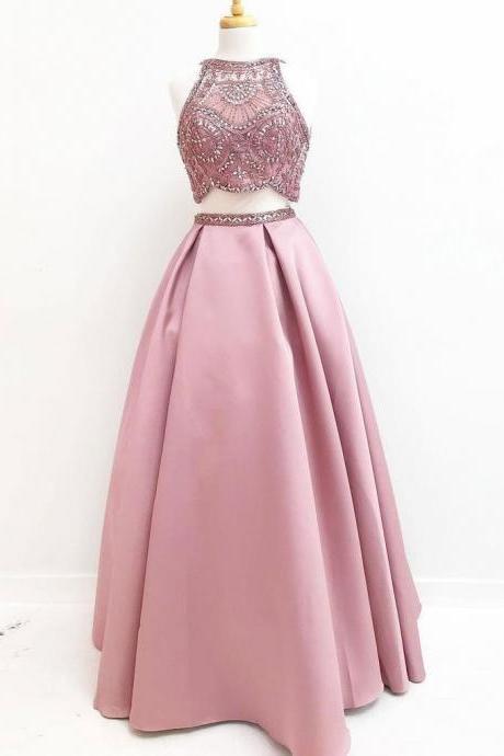 Dusty Rose Satin High Neck Beaded Top Two Piece Long Prom Dresses
