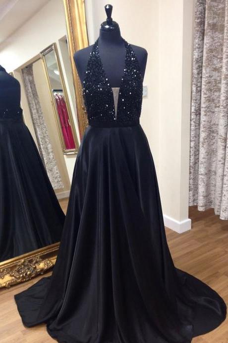 Long Beaded Halter Black Prom Dresses V-neck Backless Formal Evening Ball Gowns