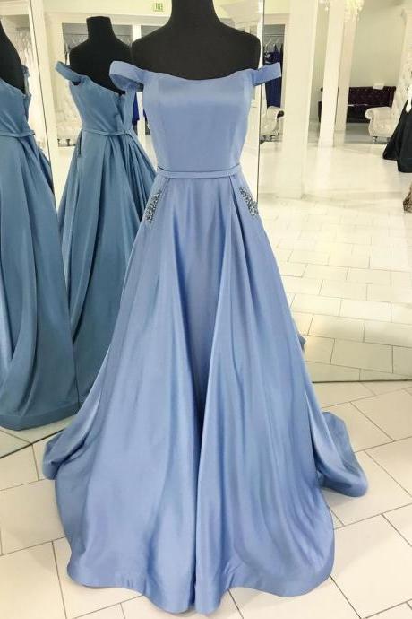 Off The Shoulder A-line Satin With Beaded Formal Long Prom Dresses