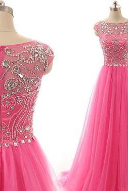 A-line Tulle Prom Dress With Cap Sleeves With Beading