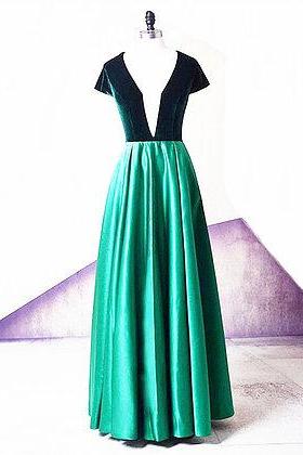 Emerald Satin V Neck Short Sleeve Long Evening Dress, Long Velvet Prom Dress