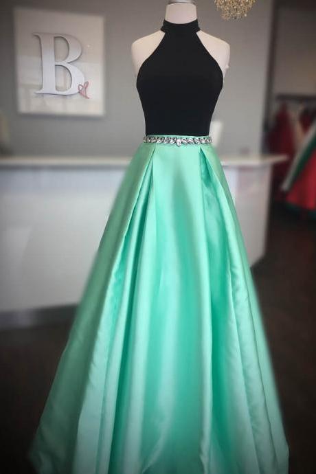 Elegant High Neck Two Piece Black And Mint Green Long Prom Dress
