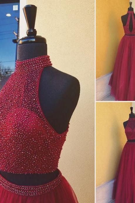 Elegant Homecoming Dress, Two Piece Burgundy Prom Dress, Sexy Sleeveless Tulle Prom Dresses