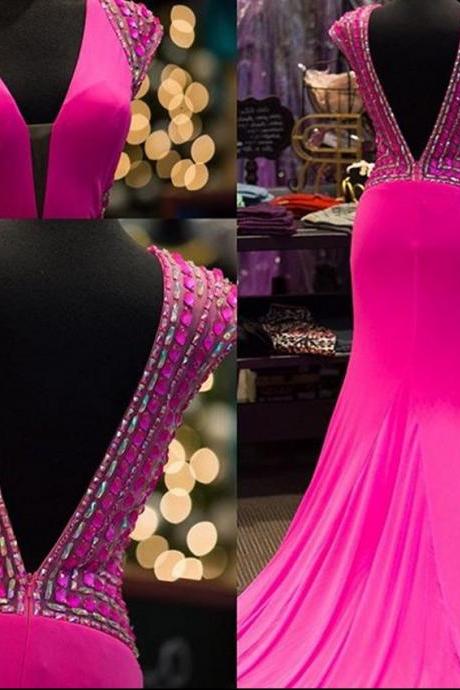 Sexy Evening Dresses,fuchsia Evening Gowns,prom Party Dresses,pageant Dresses,prom Dresses With V Neck,custom Made