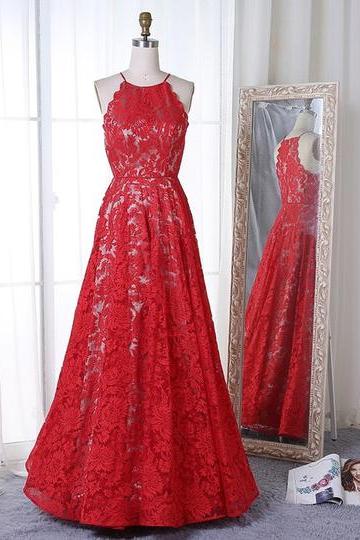 Red Lace ,strapless ,long A-line Evening Dress, Red A-line Prom Dress Formal Prom Dresses,sexy Custom Made , Fashion
