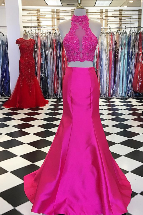 Mermaid Evening Dress, Pink Evening Dress, 2 Piece Prom Dresses, High Neck Evening Dress, Sexy Evening Dress, Satin Evening Dress
